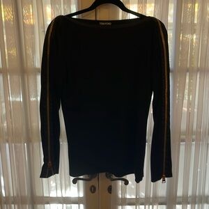 Tom Ford Women’s black boatneck long sleeved shirt with gold zipper details.